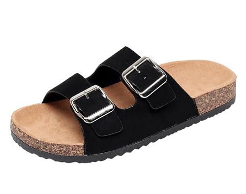 Womens Sandals Cork Footbed Slide Comfortable Summer Beach Shoes Suede Leather with Arch Support Slippers Adjustable Buckle Rubber Sole