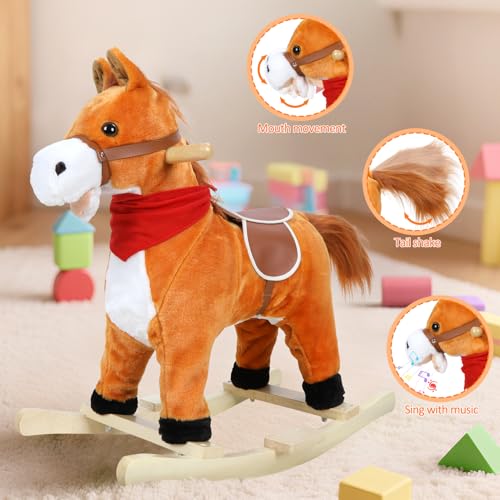 Bluethy Rocking Horse for Toddlers Ages 1-6, Plush Ride On Toy with Sounds Moving Mouth & Wagging Tail, Interactive Wooden Rocker for Kids, Baby Rocking Chair Toys up to 120kg (Light Brown Small)