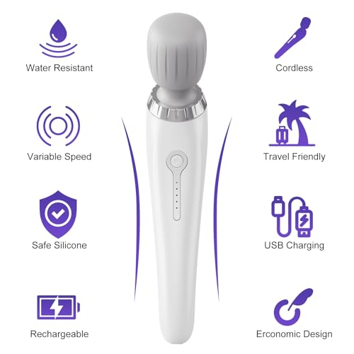 Magic Wand Massager Vibration, Christmas Gift for Women Men, Cordless Electric Back Massager, Portable 5 Speeds Deep Tissue vibrator Personal Wand Massager for Relaxation,Sports Recovery, White - Thumbnail 2
