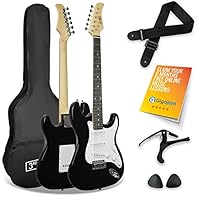 Three single coil pickups to give you a well-rounded, warm sound Tremolo arm, 5-way pick up selector, volume and 2 x tone controls HIGH GRADE MATERIALS – Full size right-handed 6-string electric guitar in black with super light steel strings ideal fo...