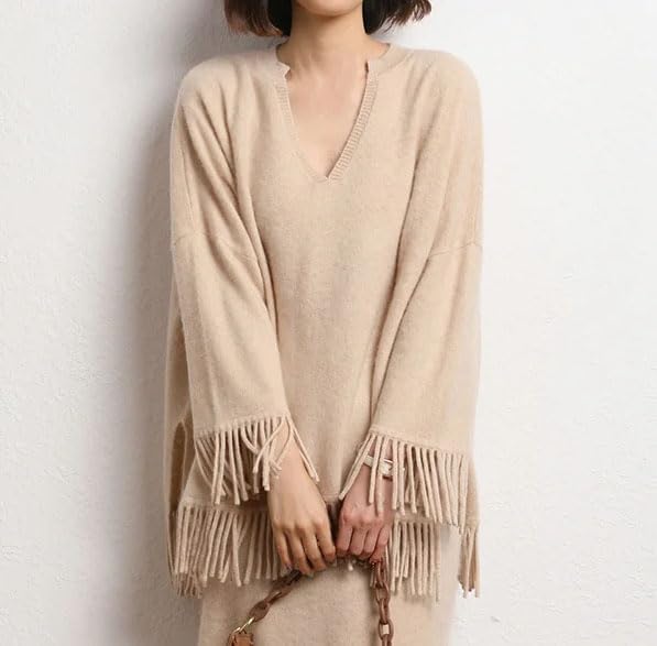 Women's Loose Large Size Sweaters Pullovers V-Neck Long Sleeve Tassel Soft Cashmere Jumper