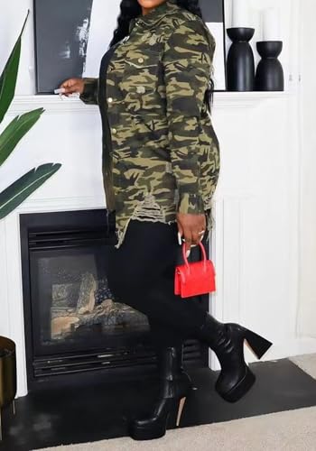 Women's Camo Button Boyfriend Jackets with Pockets Distressed Army Fatigue Casual Long Sleeve Ripped Coat Outerwear4