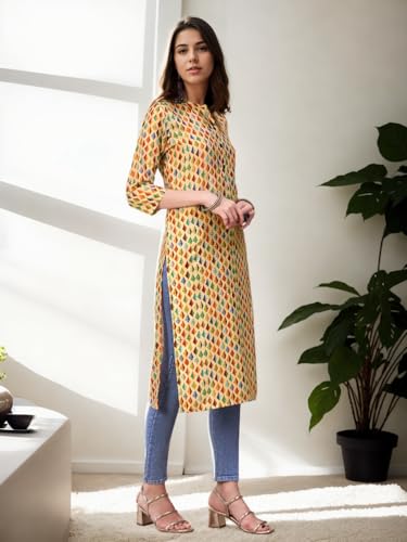 Image of V4M Womens Multicolor Polyester Ethnic Printed Straight Kurti | Kurta for Women