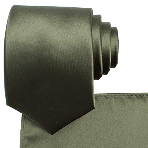 KissTies Dark Olive Green Necktie and Pocket Square Solid Satin Tie Set + Gift Box