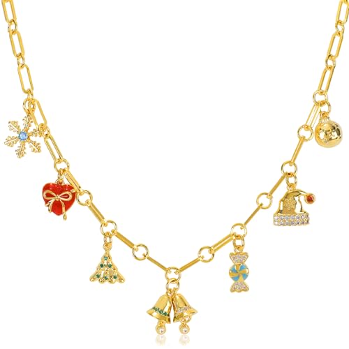Gold Christmas Charm Necklace for Women 14K Gold Plated Cute