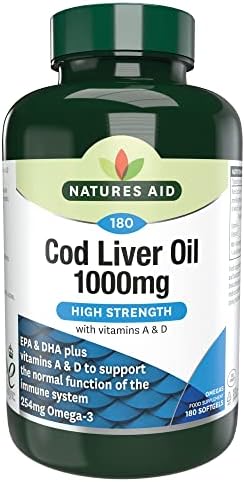 Natures Aid Cod Liver Oil, 1000 mg, 180 Softgel Capsules (High Strength, 254 mg Omega-3 with Vitamins A and D for Normal Function of the Immune System, Made in the UK)