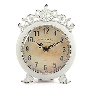 NIKKY HOME Small Vintage Table Clock Decorative Shelf Desk Top Clock Battery Operated Round French Design Farmhouse Home Decor for Bathroom Tabletop Desktop Countertop Rustic Beige