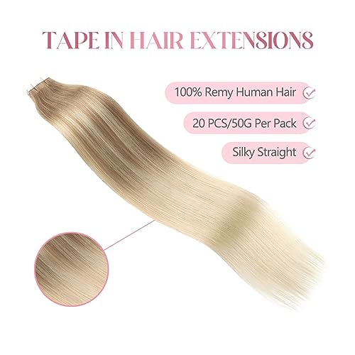 Image of Sixstarhair Balayage Hair Extensions Tape In With Double Sided Tapes Remy Human Hair Tape In Hair Extensions Balayage Ash Brown Fading to Ash Blonde [B8-60 22inch]