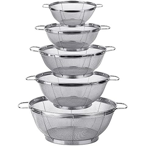 5 Pack 18/8 Stainless Steel Colander Sieves, Multi Size Mesh Strainer Net Baskets with Handles & Resting Base for Strain, Drain, Rinse or Steam Cover