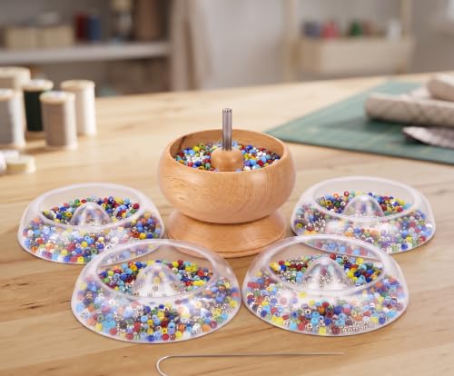 Image of Beadsnfashion 3-Inch Wooden Spin & String Beading Spinner Tool - Includes 2 Curved Needles & 4 Quick Change Trays for Jewellery Making Beading Spinner Set