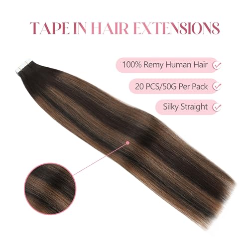 Image of Sixstarhair Tape In Hair Extensions Chocolate Brown Highlighted Caramel Blonde Color Tape In Extensions Ombre Brown Tape Hair Extensions Real Human Hair 50g per Pack 20pcs [P2 /6 /2 16inch]