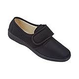 Der Schuh ist durch den Klettverschluss weit zu öffnen und der dehnbare Zehenbereich ist weich gepolstert