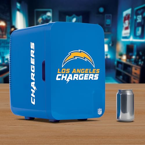 Image of Ukonic NFL Los Angeles Chargers 15-Can Mini Fridge 10L - AC /DC Powered, Official Team Colors & Logo, Portable Cooler for Tailgates, Home, Office, or Car
