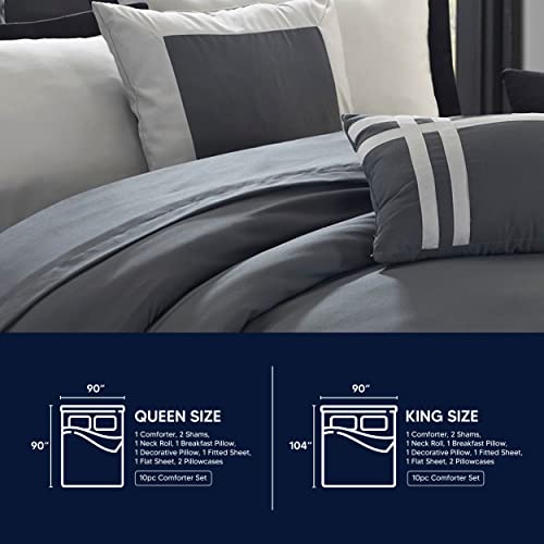 Chic Home Zarah 10 Comforter Complete Bag Pieced Color Block Banding Bedding With Sheet Set And Decorative Pillows Shams Included, King, Navy #TOP5