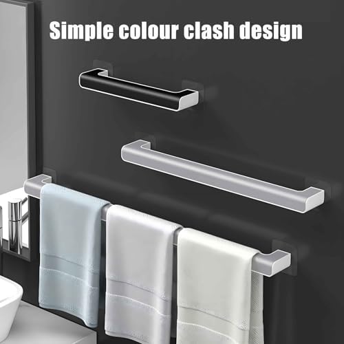 Modern Bath Towel Bar & Rings, Adhesive Hooks, Sturdy Portable Hand Towel Holder for Bathroom, Kitchen & Bedroom - Black, 69.5cm/27.36in