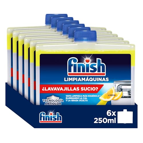 Finish Limpiamáquinas - Limpieza higiénica para el lavavajillas contra el mal olor, la cal y la grasa, líquido, aroma Limón, Pack de 6 unidades de 250ml