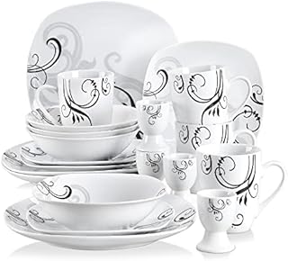VEWEET 'Fiona' 20-Piece Dinner Set Ivory White Black Lines Porcelain Combination Sets with 4 * Egg Cup, 4 * Mug, 4 * Bowl, 4 * Dessert Plate, 4 * Dinner Plate, Service for 4