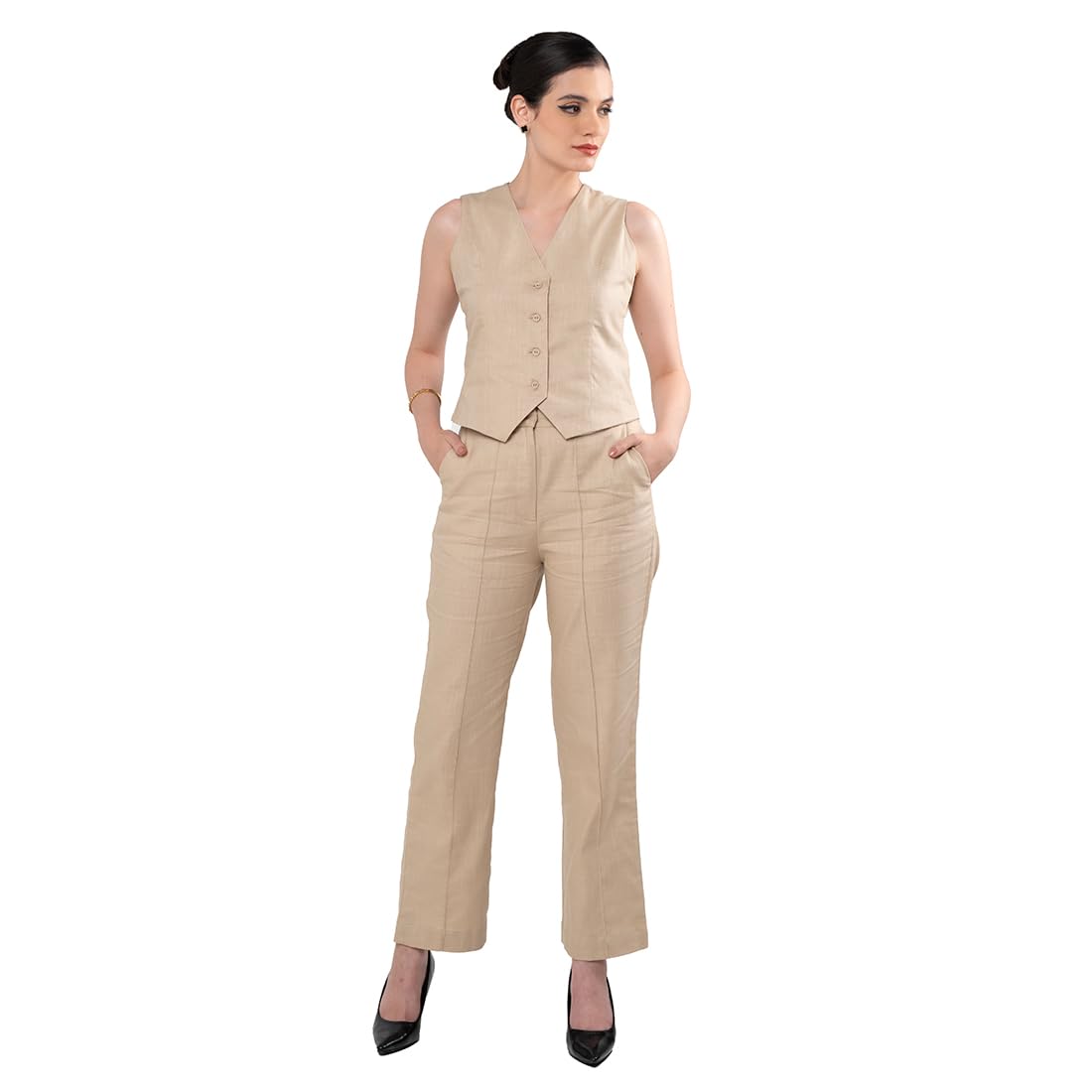 zlaata Beige Linen Blend Co ord Set for Women | Vest Coat with Straight Fit Pant | V Neck Collar | Sleeveless | Bottom with Both Side Pockets | Slim Fit Office Cord Set for Women | Pack of 1-picture-0