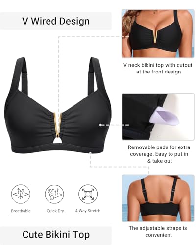 V Wired Bikini Top Only - Vintage Swim Top Padded Bra Swimsuits, Black, Large - Image 4