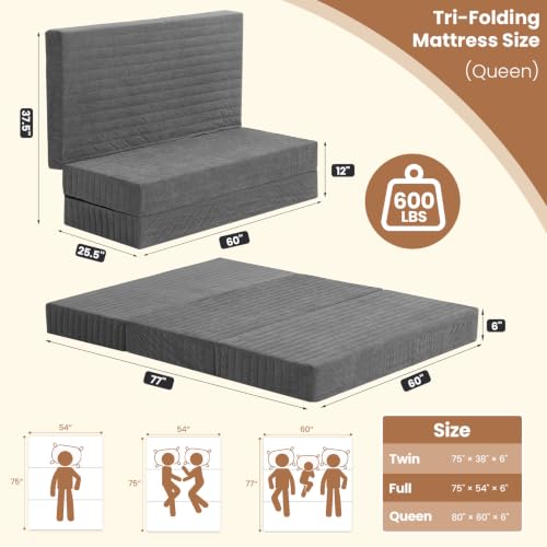 Erament 6-Inch Tri-Fold Mattress Queen Size, Covertible Bed Floor Futon Mattress with Handles & Non-Slip Bottom, Foldable Mattress with Removable Tufted for Guest, Camping, Dorm by Erament - Used condition - Image 6