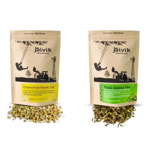 Image of Jaivik Uttarakhand - Calming Chamomile Tea, Tulsi Leaves Tea (100g each), Unique Blend Crafted Loose Leaf For Chai Lovers Across India, Combo (Pack Of 2)