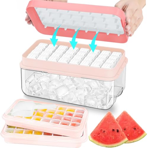 Ice Cube Tray with Lid and Bin, 64 pcs Ice Tray Kit with Ice Scoop, Ice Cube Pop Out Tray, Ice Cube Trays for Freezer, Ice Cube Molds, BPA Free, Easy Release Stackble Spill-Resistant ZZWILLB (Pink)