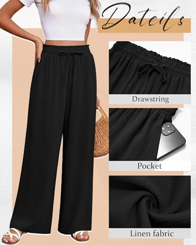 Huukeay Women's Linen Wide Leg Pants, High Waist Flowy Palazzo Pants with Pockets Drawstring Summer Casual Work Trousers(Black,X-Large)3