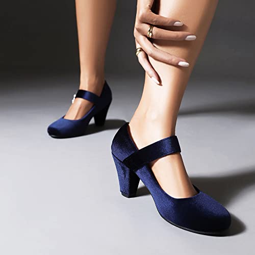 Elerhythm Women's Mary Janes 1920S Retro Block Velvet Heels Gatsby 1950S Vintage Closed Round Toe Pearl Buckle Ankle Strap Pumps 1920S Costumes Dressy Flapper Cosplay Shoes (Blue Us7.5) #TOP7