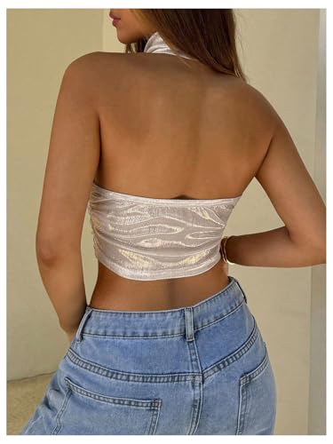 SHENHE Women's Shiny Metallic Open Back Halter Neck Draped Asymmetrical Sexy Party Crop Top3
