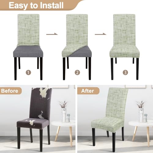 Image of SearchI Dining Room Chair Covers Set of 4, Stretch Printed Parsons Chair Slipcovers Removable Washable Kitchen Chair Protector Cover for Dining Room, Hotel, Ceremony (Green Linen-Look Print)