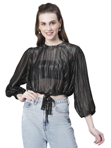 Image of oxolloxo Women Animal Print Round Neck Long Sleeve Elasticated Tie-Up Crop Top