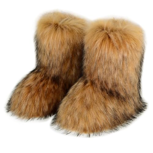 QMFUR Women's Furry Faux Fur Boots Fuzzy Fluffy Mid Calf Snow Boots Suede Warm Fur Lined Booties Flat Fashion Boots