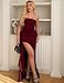 YMDUCH Women's Elegant Strapless Bodycon Ruched Ruffle High Split Long Formal Evening Dress WineRed