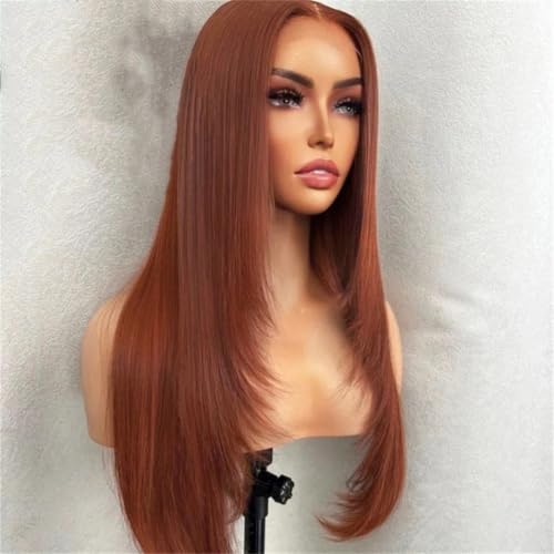 Perruque lace wig 24 pouces longue lisse marron rouge avec raie au milieu