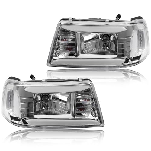 Upgraded Headlight Assembly with Corner Light Compatible with Ford Ranger 2001-2011 Headlamp, Pair of Integral Replacements with LED DRL Tube Light Bar, Chrome Housing Clear Corner, Left+Right