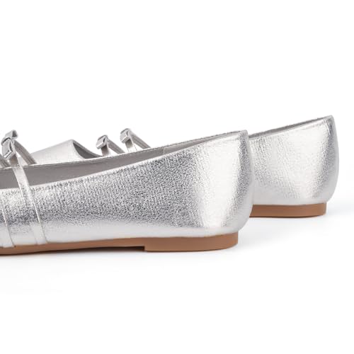 Image of MUSSHOE Mary Jane Shoes Womens Ballet Flats with Strap Comfortable Flats for Women Square Closed Toe Shoes Silver