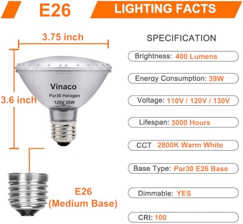 Vinaco PAR30 Short Neck 39W, 6 Pack High Output PAR30 Halogen Flood Light Warm White 2800K, PAR 30 Dimmable, Long Lasting par30 Flood Light Bulb 120V with E26 Base for Indoor/Outdoor by Vinaco - Image 5