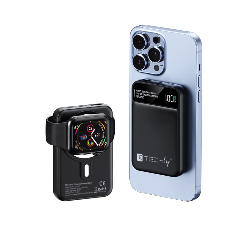 Techly 621291 Power Bank Wireless Magnético 3 en 1 con LED 10.000 mAh 22,5 W Negro Negro