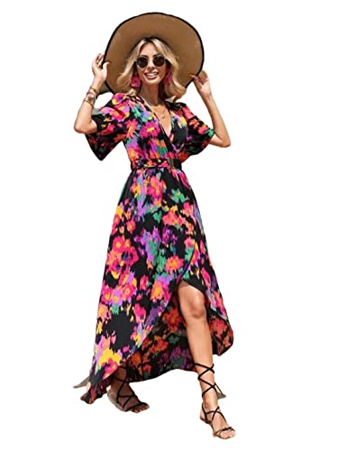 Robe midi d'été décontractée noire en taille L avec ceinture bohème Adhdyuud