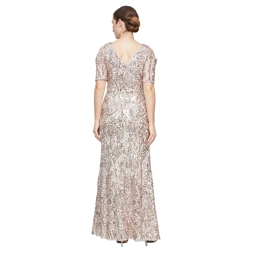 Image of Alex Evenings Women's Long Mother of The Bride Sequin Dress with Cold Shoulder Flutter Sleeves (Petite and Regular Sizes)