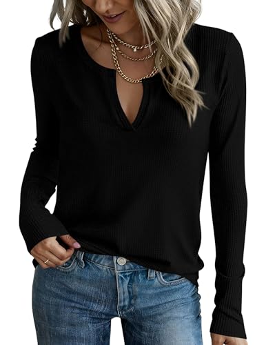 PRETTYGARDEN Long Sleeve Shirts for Women 2026 Fall V Neck Waffle Basic Tee Dressy Casual Winter Blouses Knit Tunic Tops (Black,XX-Large)