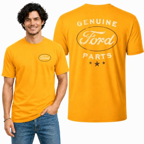 Wild Bobby Genuine Ford Parts Vintage Distressed Cars and Trucks Mens Graphic Tees Front and Back T Shirt Printed Graphic Tees for Men, Gold, X-Large