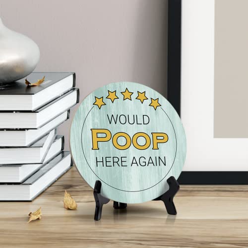 Round 5 Star Review Would Poop Here Again, Light Green Decorative Bathroom Table Sign With Acrylic Easel (5" X 5") #TOP2