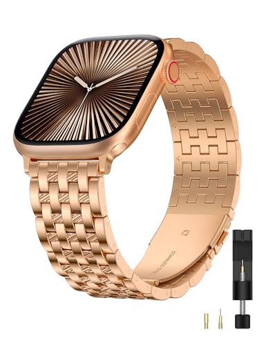 Image of W-RARA Compatible with Apple Watch Band 38 /40 /41 /42 /44 /45 /46 /49mm Women Men, Dressy Stainless Steel Seven-link Horizontal Texture Metal Strap for iWatch Series 11 10 9 8 7 6 5 4 SE Ultra 3 2 1