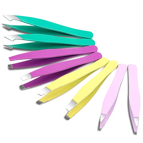 8 Pieces Eyebrow Tweezers Kit Stainless Precision Tweezers Steel Slant Tip Tweezers Facial Hair Tweezers for Women Girls Facial Eyebrow Ingrown Hair, 4 Colors
