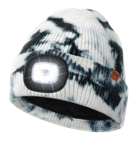 Wmcaps LED Beanie, Fleece Lined Head Torch Hat, Type-C, Tie-Dyed Black