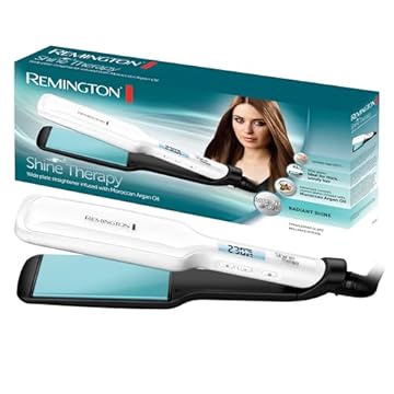 Remington Piastra per Capelli Larga - Shine Therapy: Rivestimento Ceramico con ingredienti microattivi per maggiore brillantezza - Olio di argan marocchino e vitamina E, Display LCD, 150-230°C, S8550
