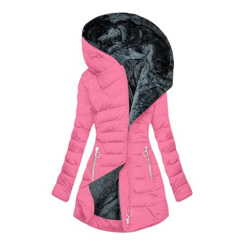 Daunenmantel Damen Lang, Warm Gefüttert Steppjacke Lange Elegant Damenmantel Langarm Winter Parka Jacke mit Kapuze Winterparka Mantel Einfarbig Bequemes Sportjacke Winddicht...