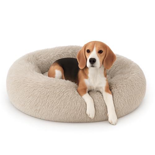 Bestlivings Haustierbett Fluffy Ø50cm (Beige) L - Hundekissen rund flauschig, Öko-Tex, rutschfest und waschbar - Hundebett Katzenbett Hunde & Katzen