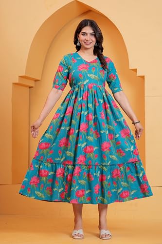 Image of THE Moon Star Women's Cotton Floral Printed Anarkali Maternity Feeding Kurti | Breastfeeding Dress for Mothers | Zipper Feeding Kurti, Nursing Kurti, Comfortable and Trendy Maternity Wear